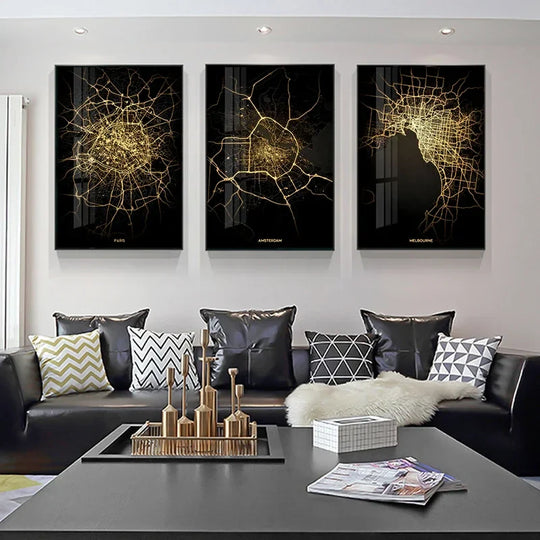 Black Gold City Map Canvas Wall Art Print