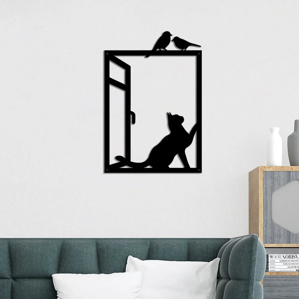 Birds and Cat Silhouette Black Metal Wall Art Decor
