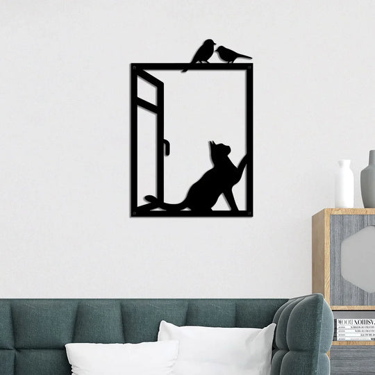 Birds and Cat Silhouette Black Metal Wall Art Decor