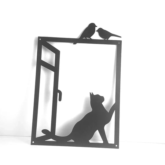 Birds and Cat Silhouette Black Metal Wall Art Decor