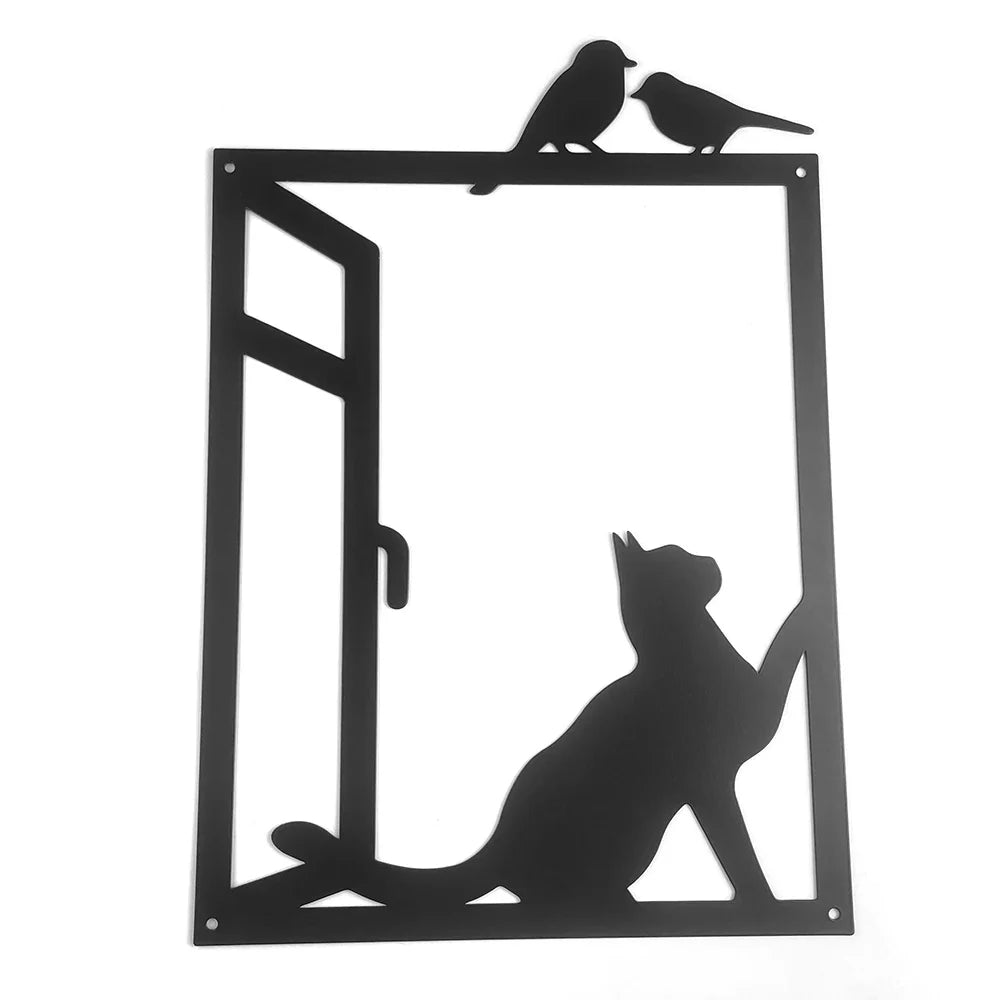 Birds and Cat Silhouette Black Metal Wall Art Decor