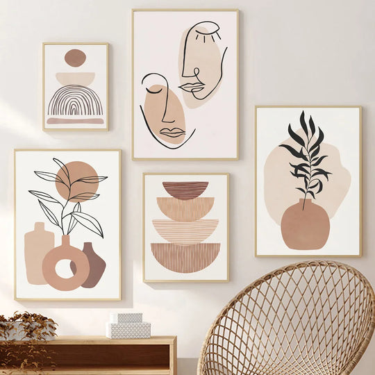 Minimalist Abstract Boho Leaf Line Art Botanical Canvas Wall Art