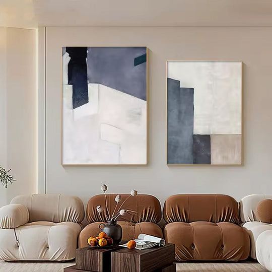Minimalist Blue Beige Geometric Abstract Canvas Wall Art Unframed