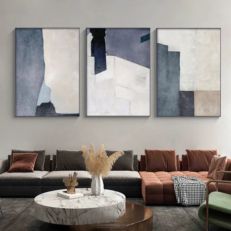 Minimalist Blue Beige Geometric Abstract Canvas Wall Art Unframed