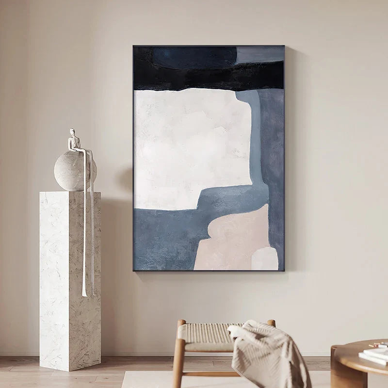 Minimalist Blue Beige Geometric Abstract Canvas Wall Art Unframed