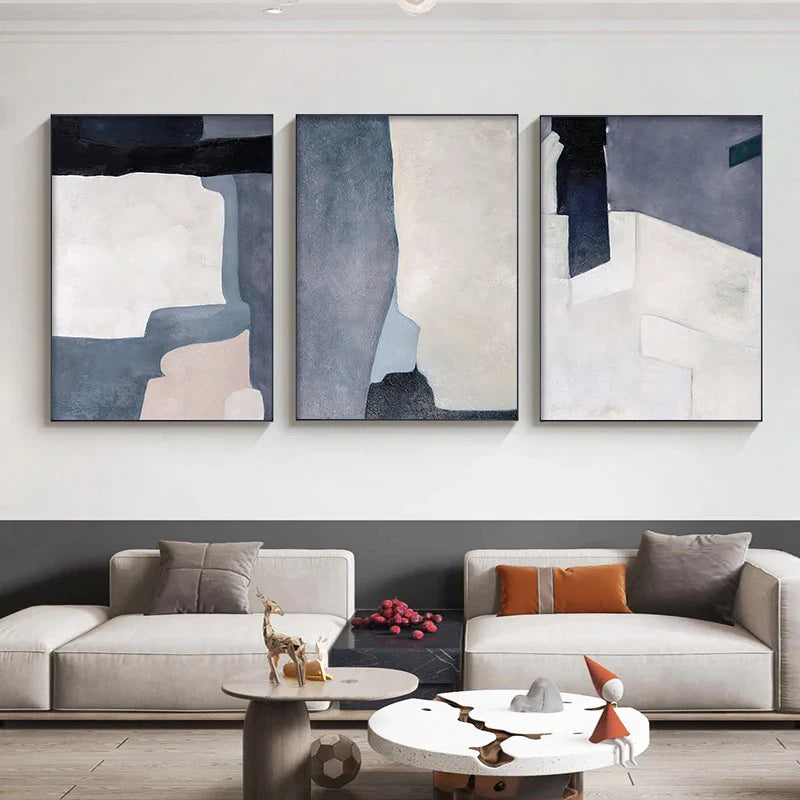 Minimalist Blue Beige Geometric Abstract Canvas Wall Art Unframed
