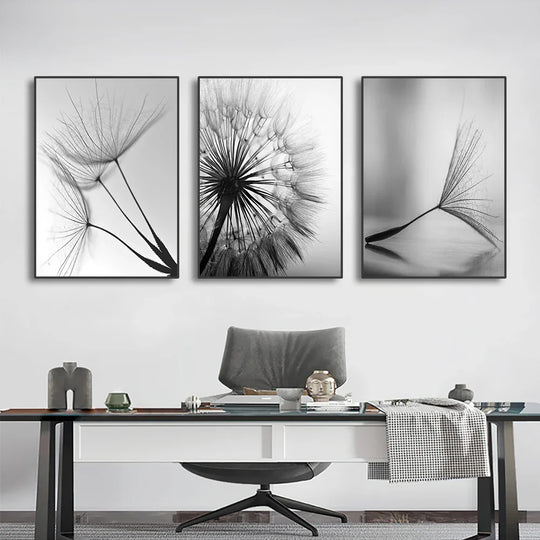 Minimalist Dandelion Wisps Black White Canvas Wall Art Unframed