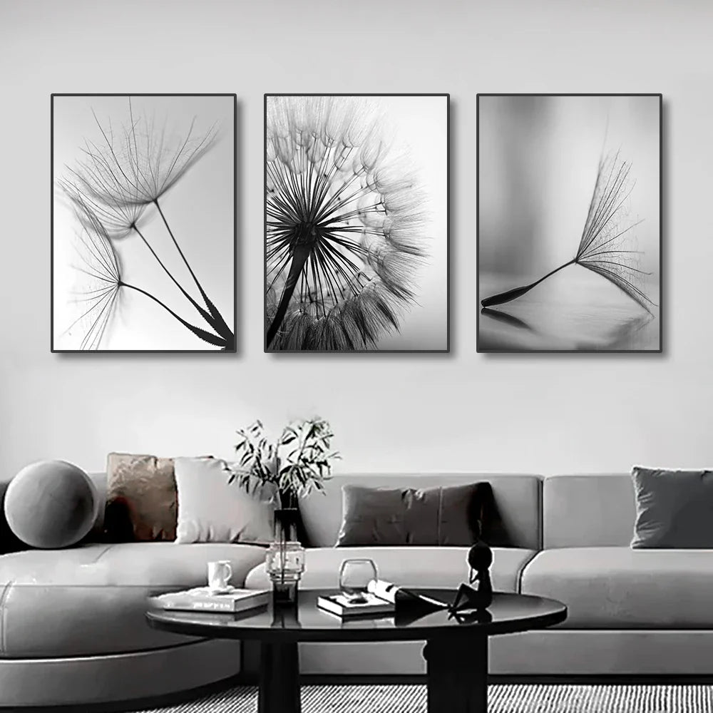 Minimalist Dandelion Wisps Black White Canvas Wall Art Unframed