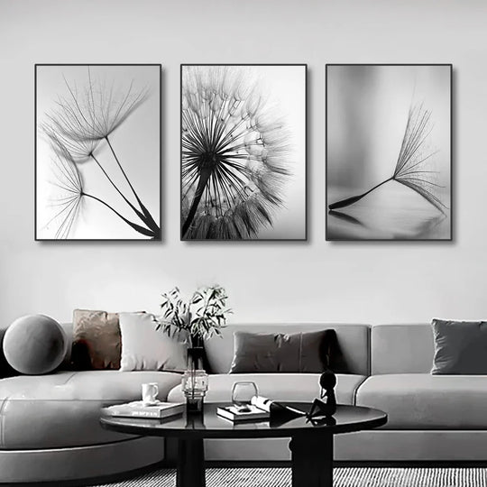 Minimalist Dandelion Wisps Black White Canvas Wall Art Unframed