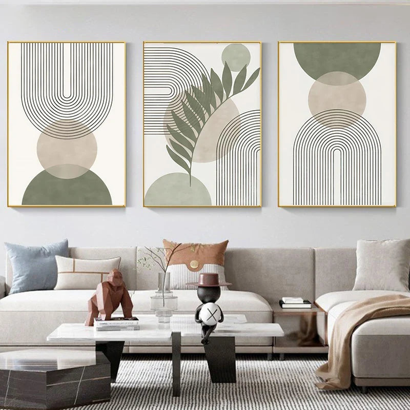 Minimalist Green Beige Abstract Botanical Canvas Wall Art
