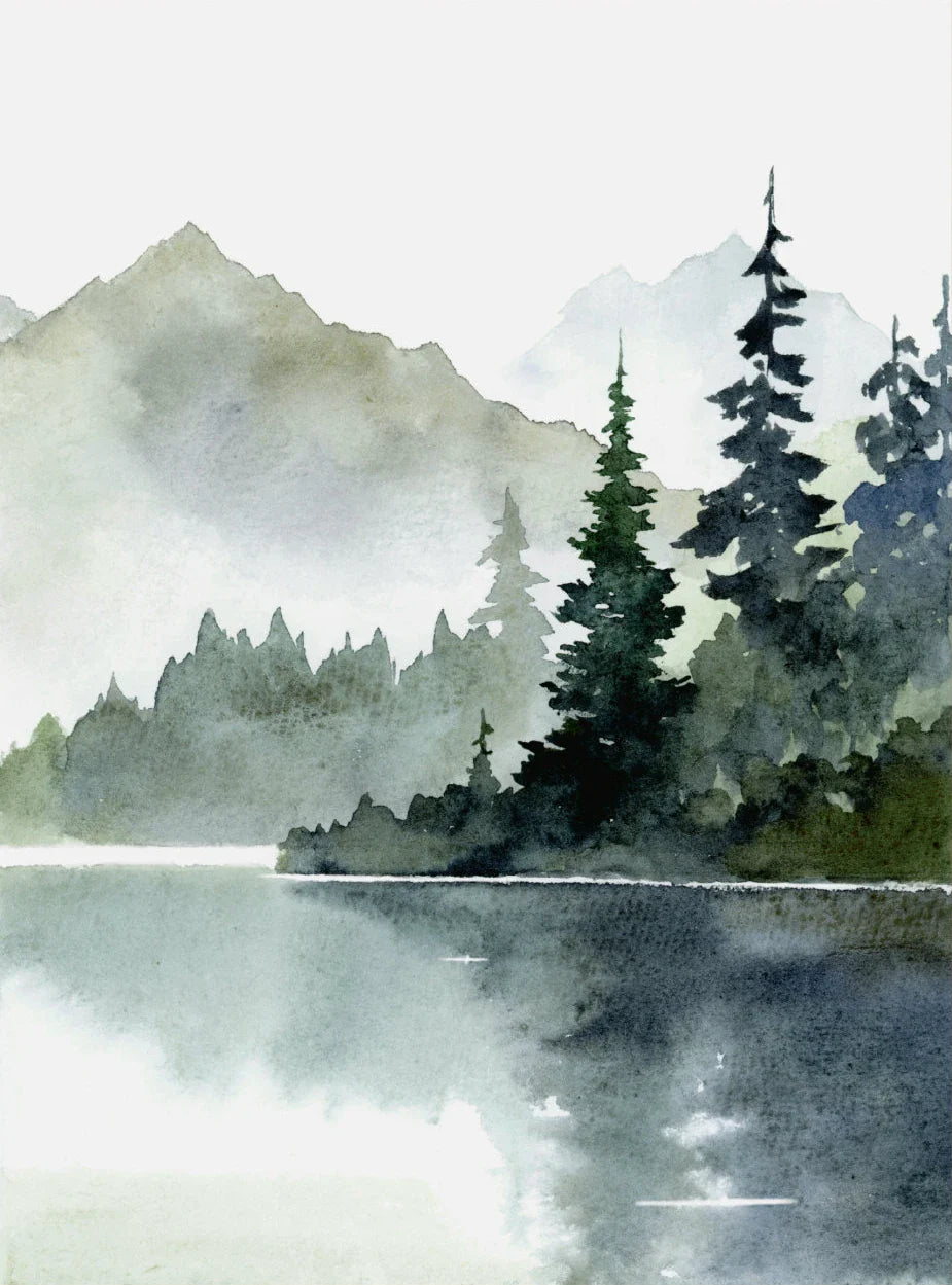 Misty Mountain Lake Forest Abstract Canvas Wall Art Unframed