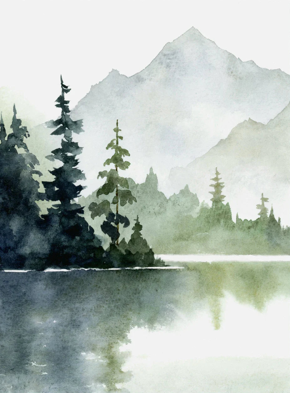 Misty Mountain Lake Forest Abstract Canvas Wall Art Unframed