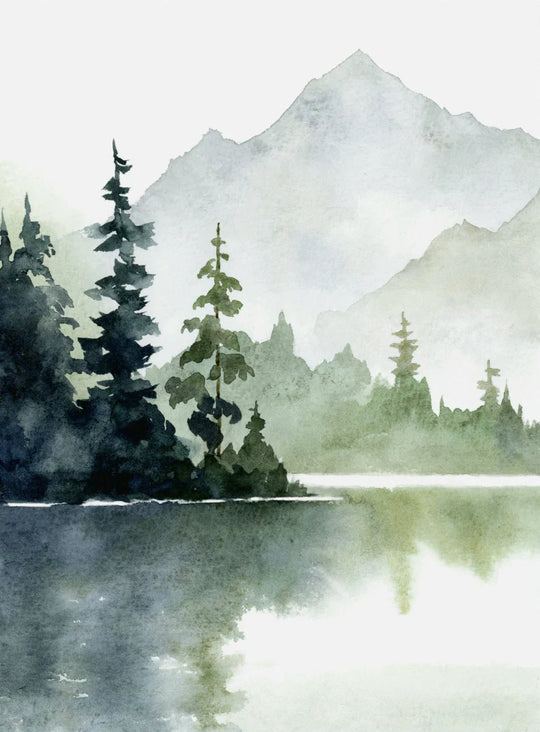 Misty Mountain Lake Forest Abstract Canvas Wall Art Unframed