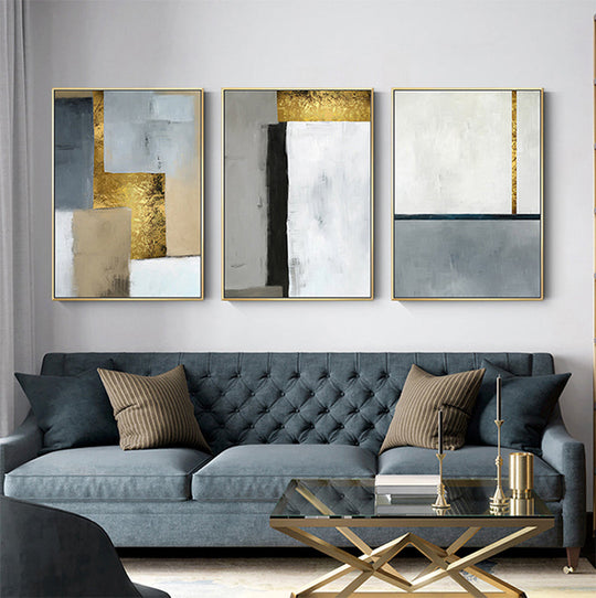 Abstract White Gray Blue Golden Color Block Canvas Wall Art Unframed