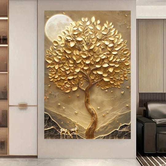 Abstract Golden Deer Tree of Life Canvas Wall Art
