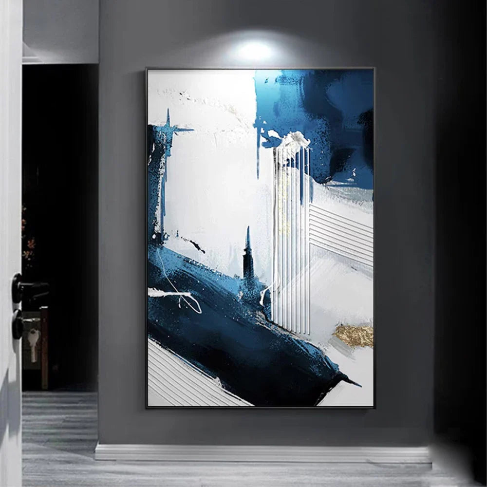 Modern Abstract Black Blue Gray Canvas Wall Art Unframed