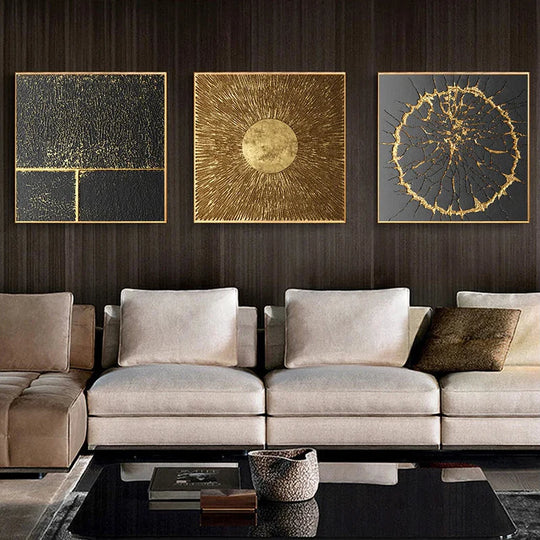 Black Golden Abstract Geometric Square Canvas Wall Art