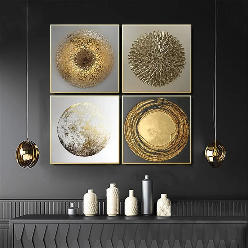 Abstract Black Golden Geometric Square Canvas Wall Art