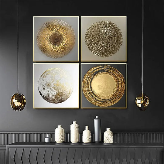 Abstract Black Golden Geometric Square Canvas Wall Art