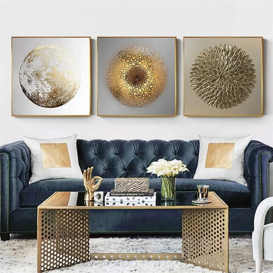 Abstract Black Golden Geometric Square Canvas Wall Art