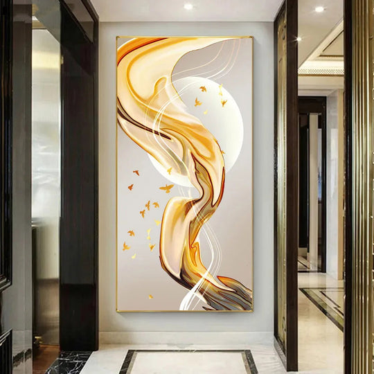 Abstract Golden Flowing Ribbon Canvas Wall Art