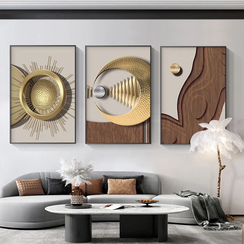 Modern Golden Celestial Geometry Abstract Canvas Wall Art Unframed