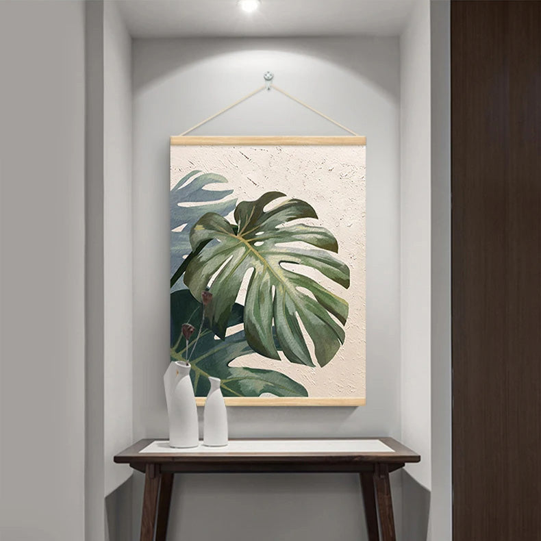 Modern Botanical Green Leaves Canvas Wall Art With Wooden Scroll Frame