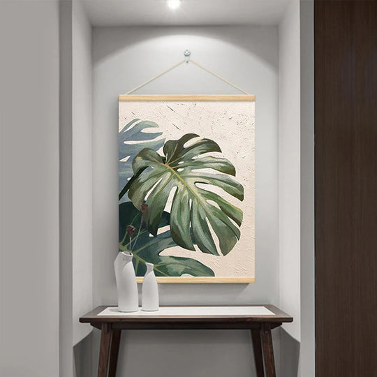 Modern Botanical Green Leaves Canvas Wall Art With Wooden Scroll Frame