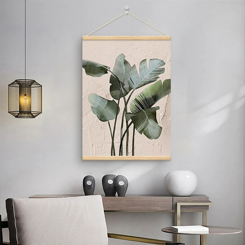 Modern Botanical Green Leaves Canvas Wall Art With Wooden Scroll Frame