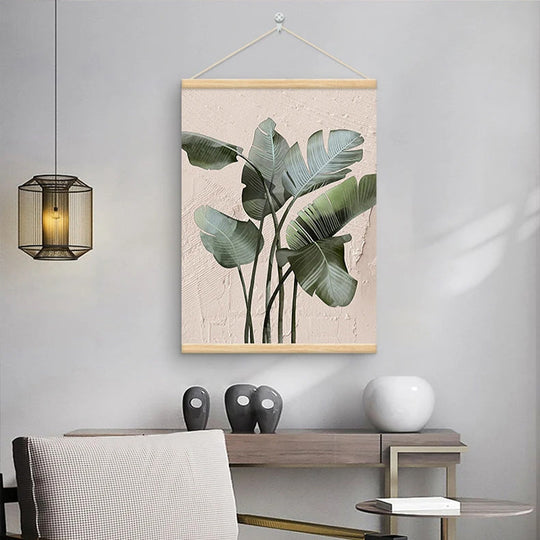 Modern Botanical Green Leaves Canvas Wall Art With Wooden Scroll Frame