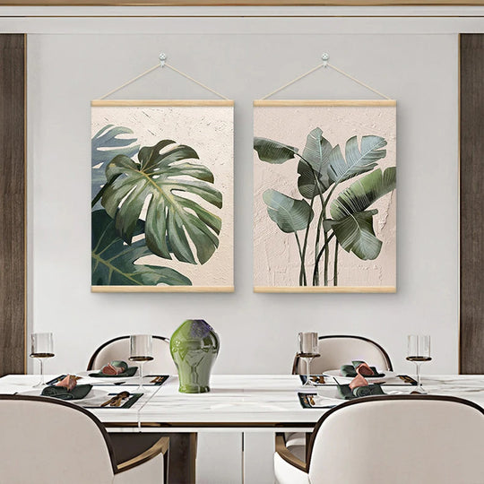 Modern Botanical Green Leaves Canvas Wall Art With Wooden Scroll Frame