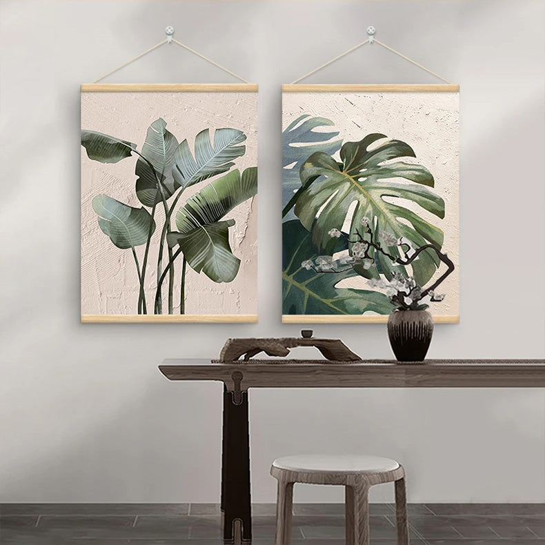 Modern Botanical Green Leaves Canvas Wall Art With Wooden Scroll Frame