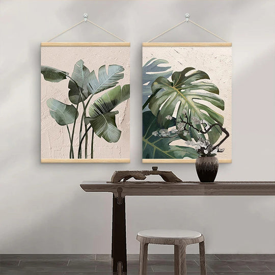 Modern Botanical Green Leaves Canvas Wall Art With Wooden Scroll Frame