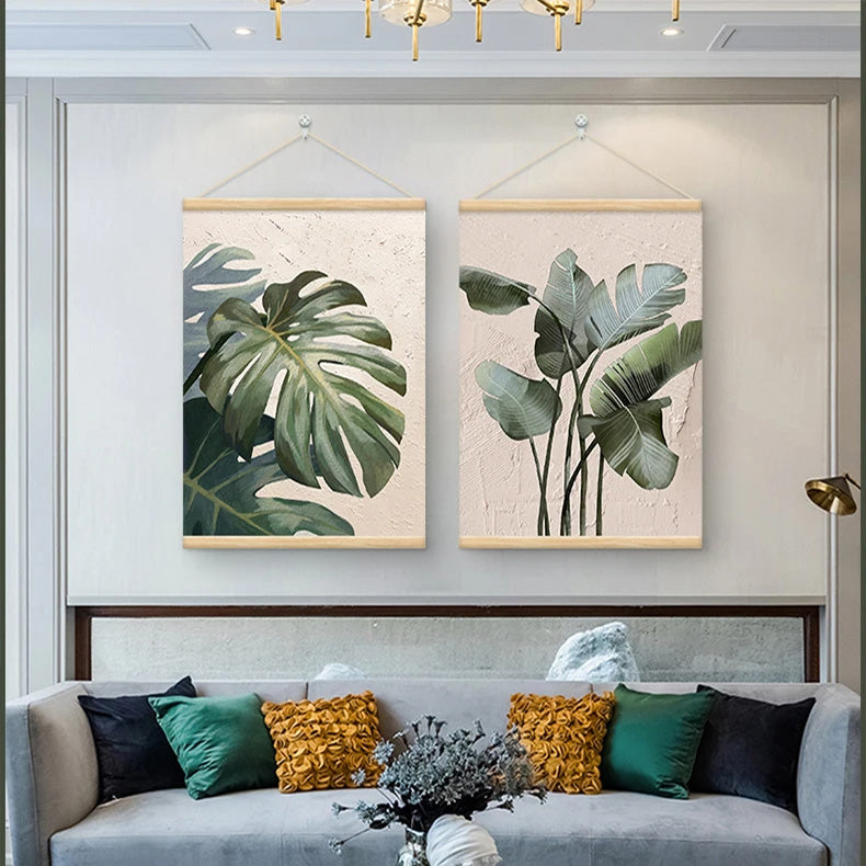 Modern Botanical Green Leaves Canvas Wall Art With Wooden Scroll Frame