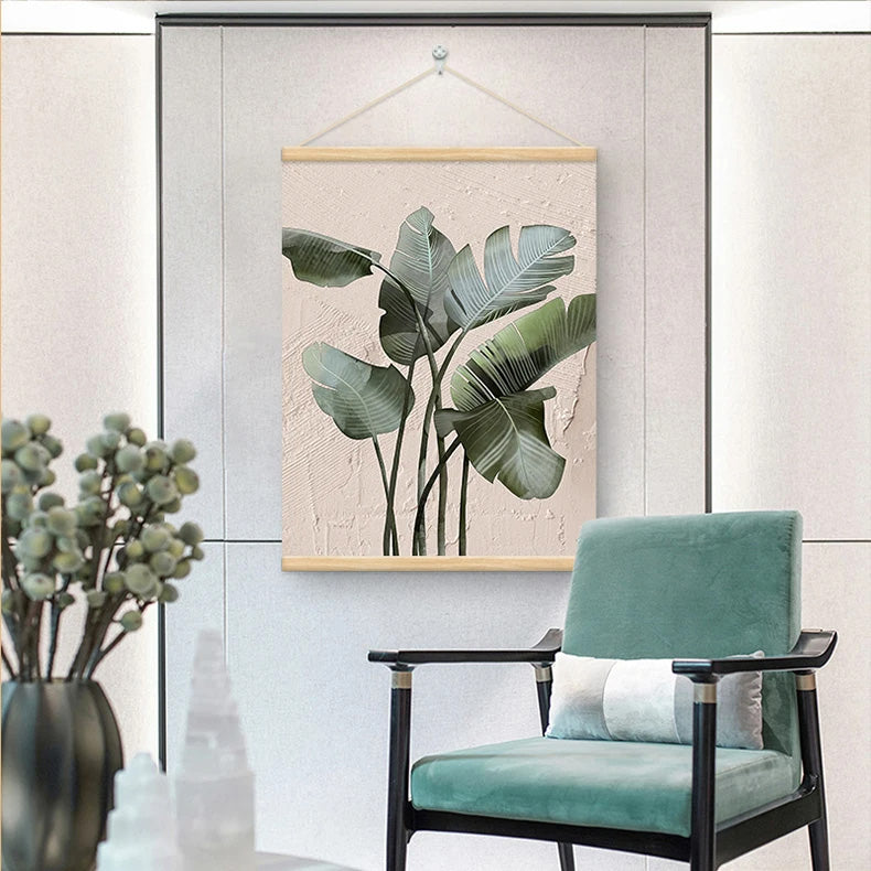 Modern Botanical Green Leaves Canvas Wall Art With Wooden Scroll Frame