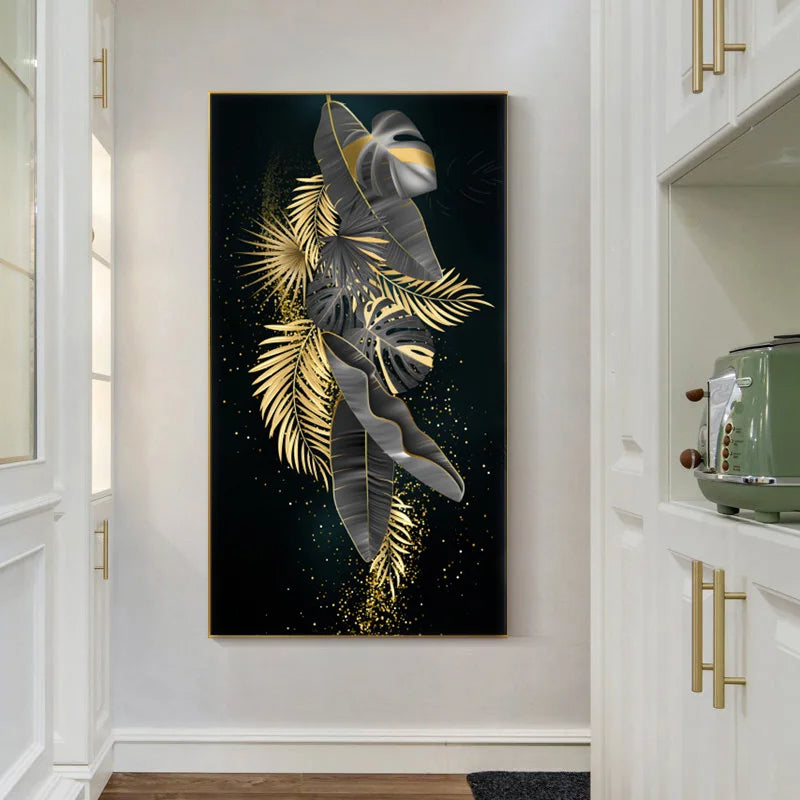 Modern Botanical Tropical Golden Leaves Canvas Wall Art Vertical