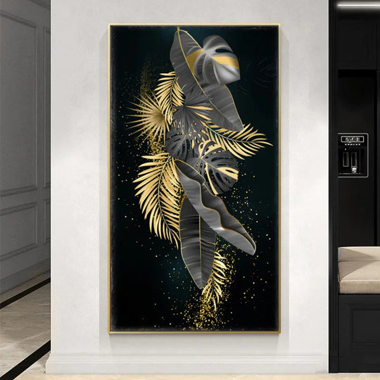 Modern Botanical Tropical Golden Leaves Canvas Wall Art Vertical