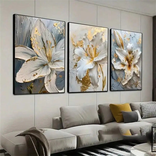 White &amp; Gold Botanical Canvas Wall Art – Modern Floral Print (Unframed)
