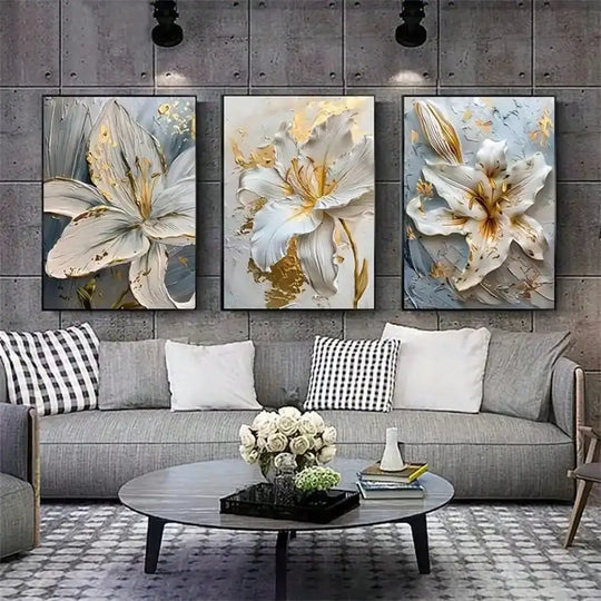 White &amp; Gold Botanical Canvas Wall Art – Modern Floral Print (Unframed)