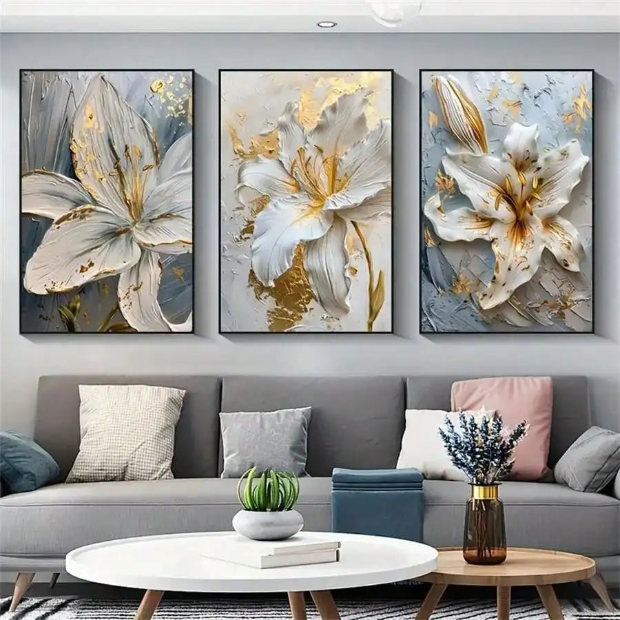 White &amp; Gold Botanical Canvas Wall Art – Modern Floral Print (Unframed)