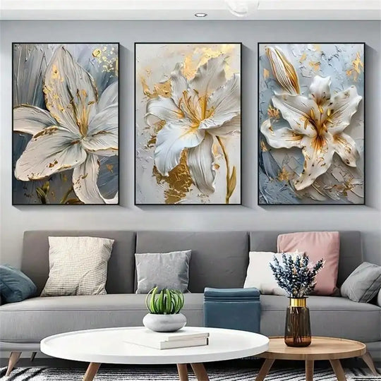 White &amp; Gold Botanical Canvas Wall Art – Modern Floral Print (Unframed)
