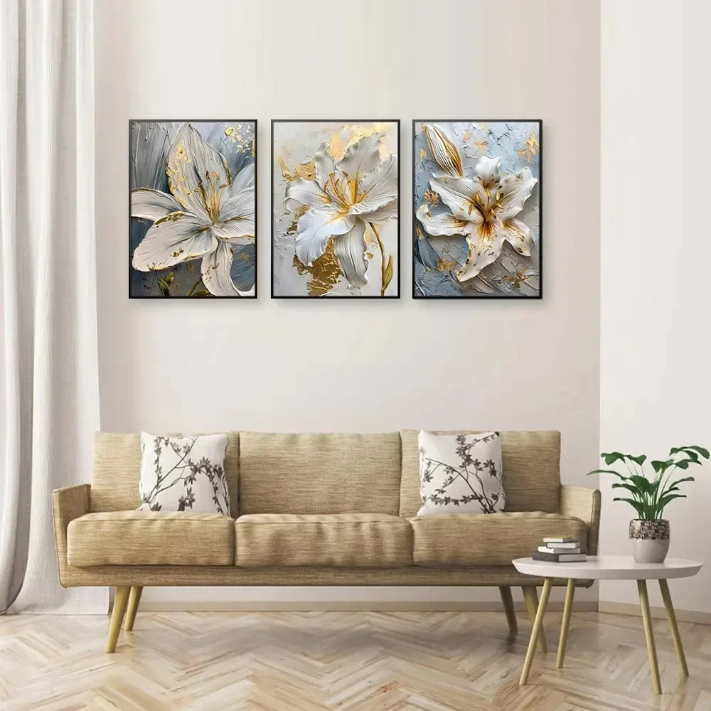 White &amp; Gold Botanical Canvas Wall Art – Modern Floral Print (Unframed)