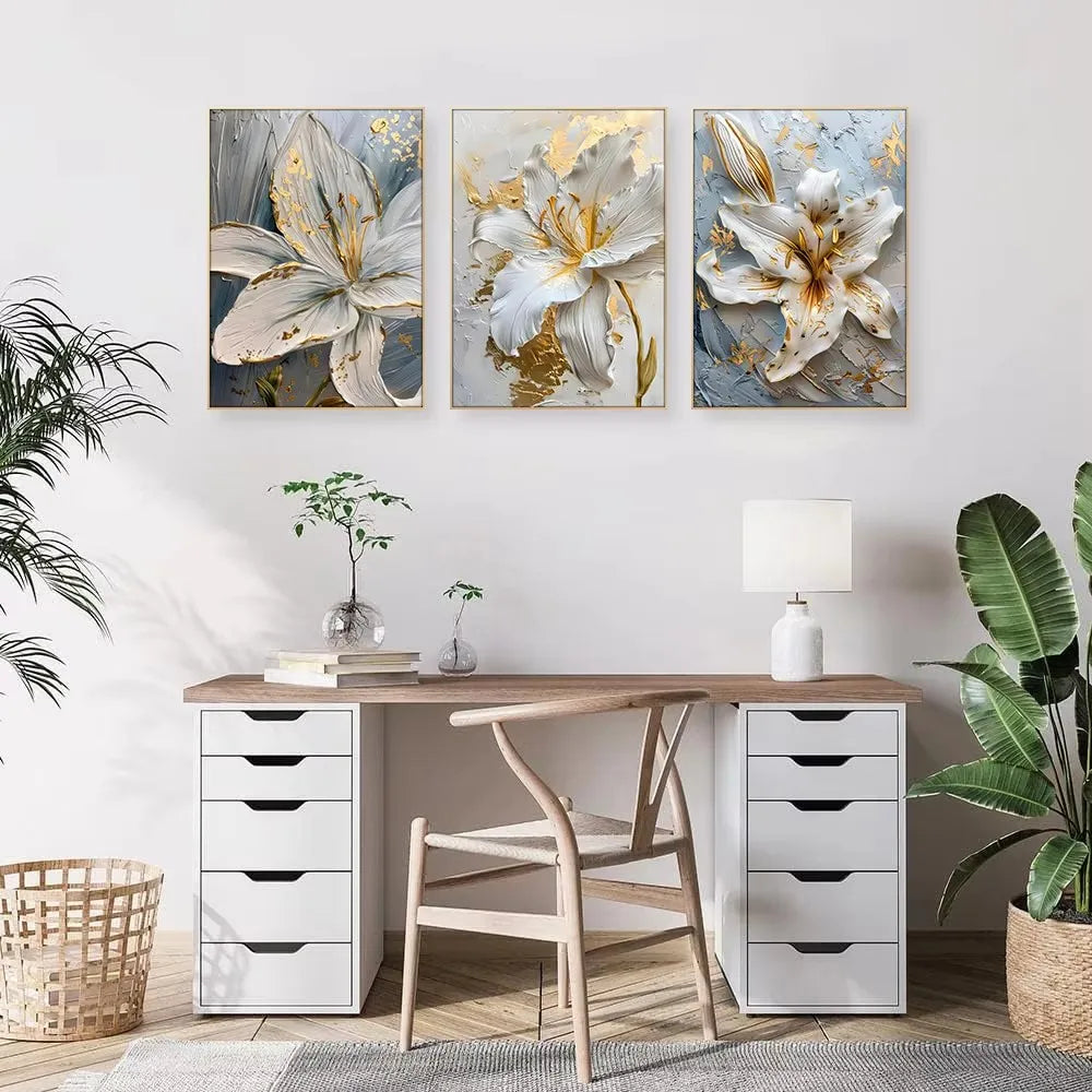 White &amp; Gold Botanical Canvas Wall Art – Modern Floral Print (Unframed)