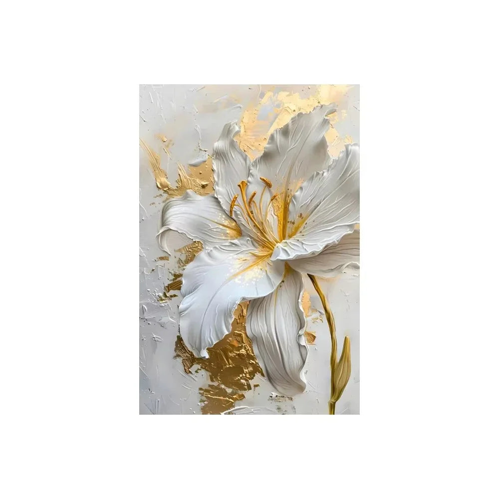 White &amp; Gold Botanical Canvas Wall Art – Modern Floral Print (Unframed)