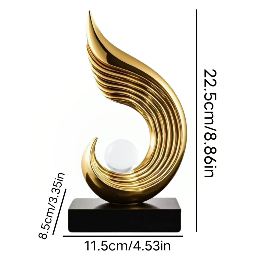 Modern Gold Flame Sculpture with White Sphere Decor Accent