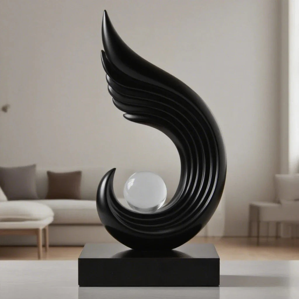 Modern Gold Flame Sculpture with White Sphere Decor Accent