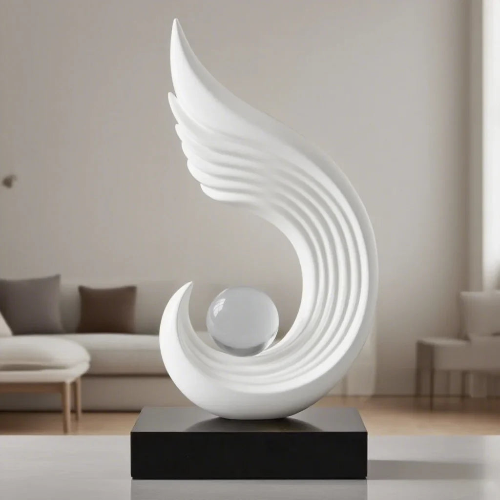 Modern Gold Flame Sculpture with White Sphere Decor Accent