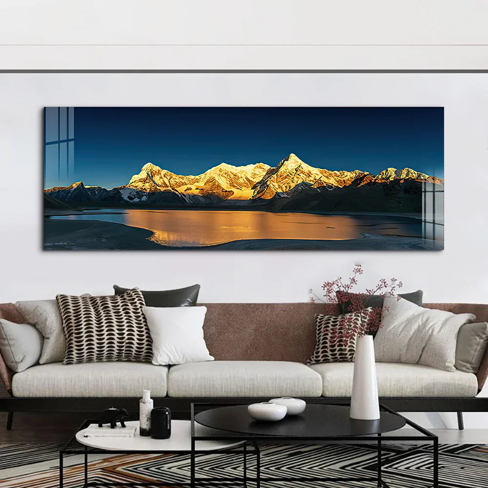 Wide Format Golden Mountain Lake Landscape Canvas Wall Art