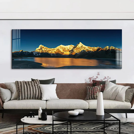 Wide Format Golden Mountain Lake Landscape Canvas Wall Art