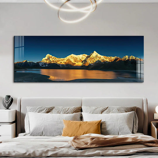 Wide Format Golden Mountain Lake Landscape Canvas Wall Art